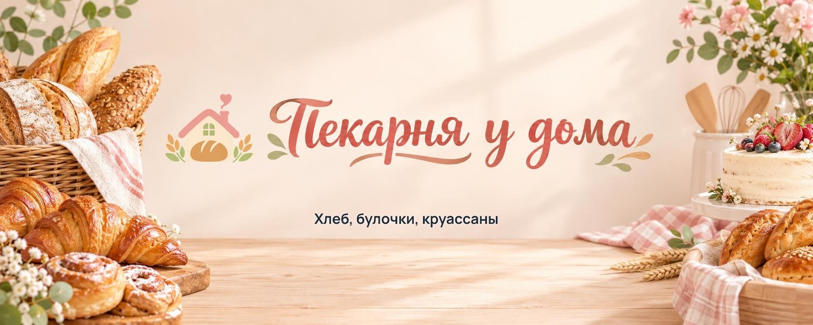 Обложка сообщества VK для пекарни: знак логотипа, название нейросетью и строка «Хлеб, булочки, круассаны»