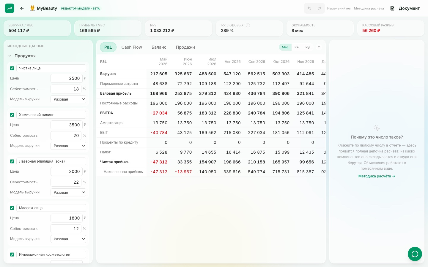 Редактор финансовой модели MarketExpert: P&L помесячно, KPI выручки, прибыли, NPV и IRR