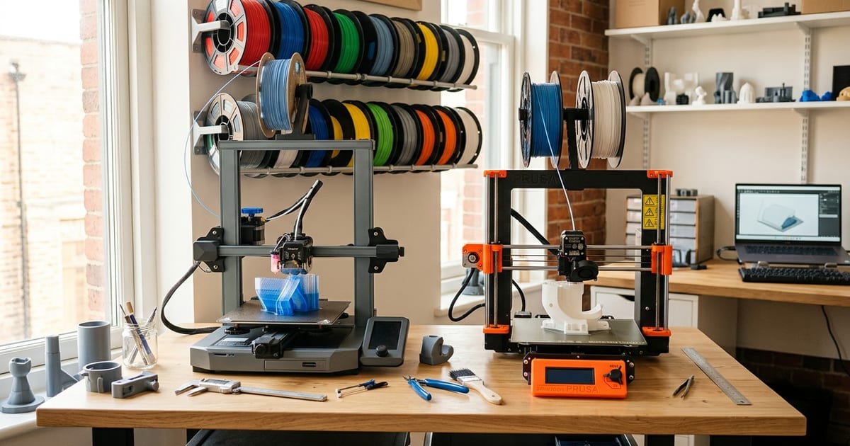 Небольшая студия 3D-печати: два FDM-принтера в работе и стеллаж с катушками цветного филамента